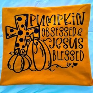 Orange Tee “Pumpkin Obsessed and Jesus Blessed” Size M